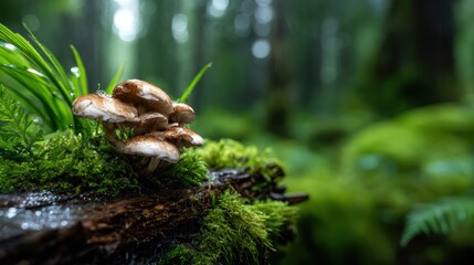 Obraz premium In the lush green forest, mushrooms bloom on a mossy log, highlighting the rich ecosystem and the hidden beauty that thrives in moist woodlands.