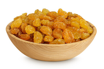 Yellow Raisins in wooden bowl isolated on white background.