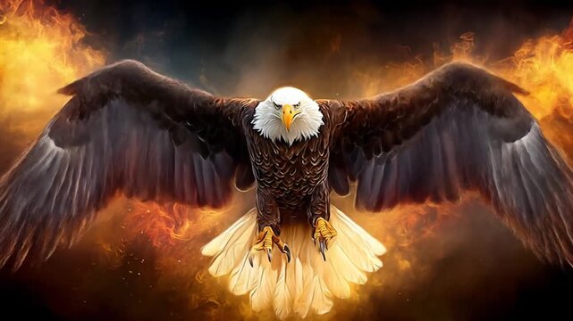 Majestic eagle soaring against fiery background with spread wings