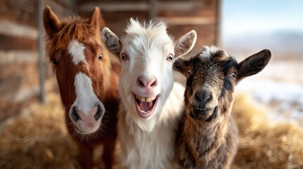 Fototapeta premium A cheerful horse and two goats posing together, highlighting their playful expressions and friendly demeanor, set against a rustic barn background filled with hay.