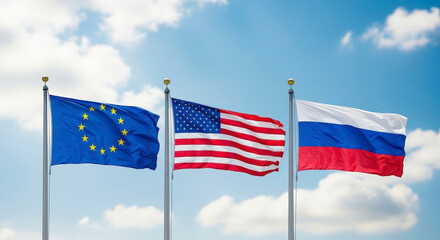 European Union United States and Russian Federation Flags Waving Together