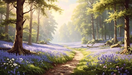 A sun-drenched forest path winds through vibrant bluebell meadows, leading towards a light-filled, hazy horizon amidst tall trees