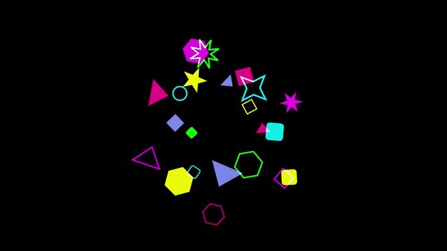Abstract explosion of colorful geometric shapes on a black background