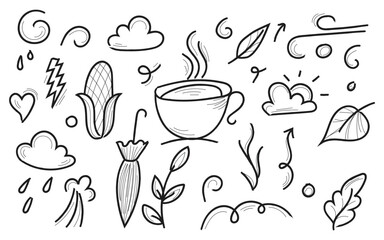 Tea and kitchen doodle art, Coffee cup sketch elements, Cooking and utensils icons