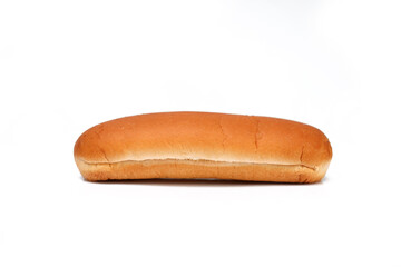 Single hot dog bread bun on white background.