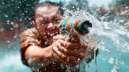 An energetic individual joyfully sprays water from a hose, capturing a moment of fun and playfulness under the bright sun, highlighting a carefree spirit and summer excitement.