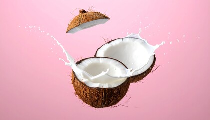 A split coconut with milk spilling out, capturing liquid dynamics against a soft pink background. The top shell is suspended
