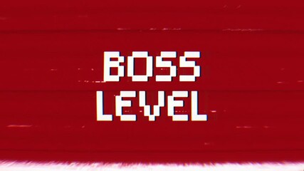 Boss Level text looped animation with glitch effect on red background. 4k footage video - Powered by Adobe