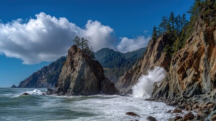 Obraz premium Stunning coastal landscape with dramatic cliffs and waves under blue sky