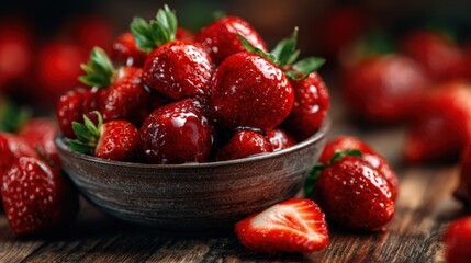 Delicious, ripe strawberries are artfully arranged in a bowl, showcasing their vibrant color and freshness, a perfect representation of nature's bounty and summer's delight.
