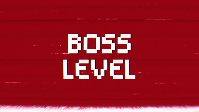 Boss Level text looped animation with glitch effect on red background. 4k footage video