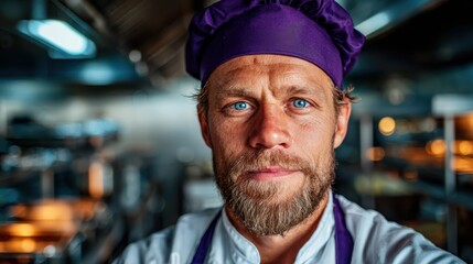 A focused and confident chef wearing a purple hat in a professional kitchen, exuding passion and creativity while preparing exquisite culinary delights in a bustling atmosphere.