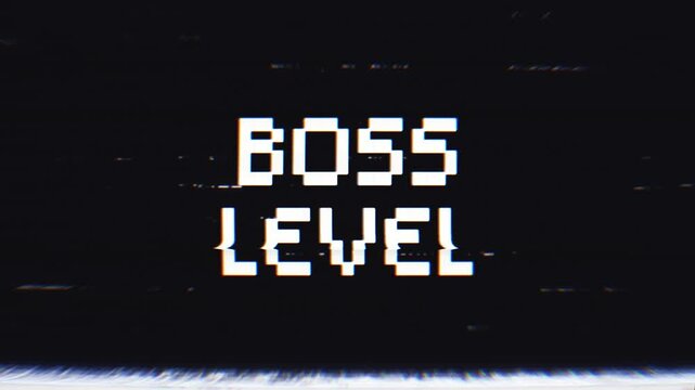 Boss Level text with Glitch effect. Animation vintage video game screen with words level up written. 4k footage video