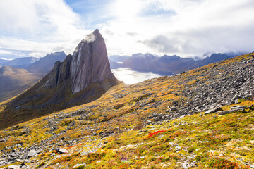 Stunning autumn landscape of Segla Mountain in Senja Island, Northern Norway, with dramatic cliffs...