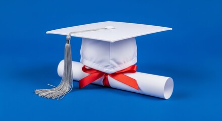 White graduation cap and diploma tied with red ribbon on blue background