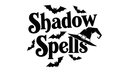 Shadow Spells: A stylized emblem of shadow spells features a witch hat and flying bats in silhouette, embodying the enchantment of witchcraft and Halloween.
