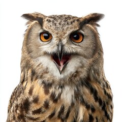 Fototapeta premium Owl With Mouth Open. Front View Portrait of Majestic Eagle Owl, Bird of Prey, Isolated on White Background