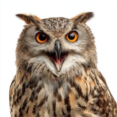 Obraz premium Owl With Mouth Open. Portrait of an Eagle Owl, Bird of Prey with Open Mouth, Front View on White Background