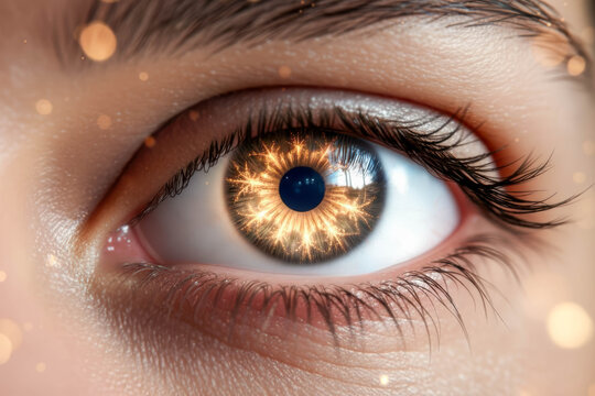 A macro photograph of a human eye with a blue pupil and a detailed, glowing golden-orange radial pattern on the iris.