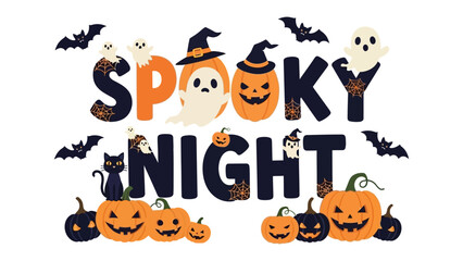 Spooky Night Graphic: A whimsical graphic, captures the spirit of Halloween. Featuring playful pumpkins and spectral ghosts, it's a delightful depiction of festive fun, and night. 