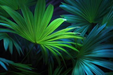 Fototapeta premium Close-up of vibrant green and blue palm leaves against a dark background, emphasizing texture and light