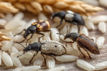 Pantry Pest. Close-Up of Weevils Infesting Rice Grains - Adult Seed Beetle Insect on Food