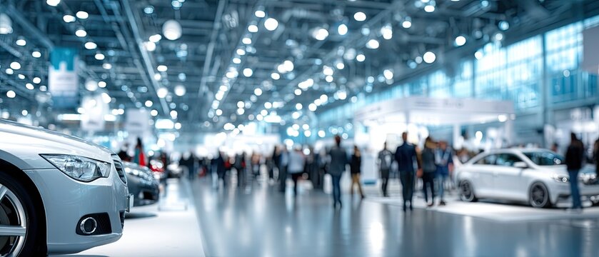 Visitors exploring an indoor auto show with various cars on display in a bright, spacious convention center during day time