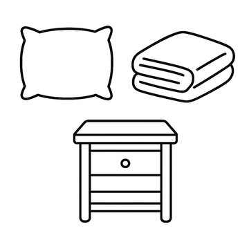 Simple line art objects representing bedroom furniture and comfort items including a pillow towels and a nightstand for easy design needs