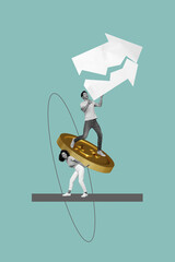 Trend artwork banner 3D photo collage of couple young lady man stand hand hold support arrow up...