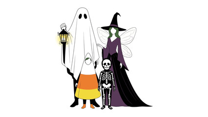 Halloween Characters Gathering: A spooky gathering of classic Halloween characters, including a ghost, witch, fairy and skeleton. The group is arranged together in a playful manner.