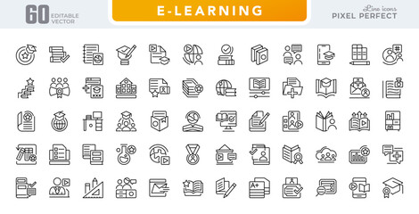 E-Learning line icon set. Education, group students, teaching, online lesson, video, conference, classrooms, distance learning, webinar, knowledge, study line icon set. Ui thin line icon pack.