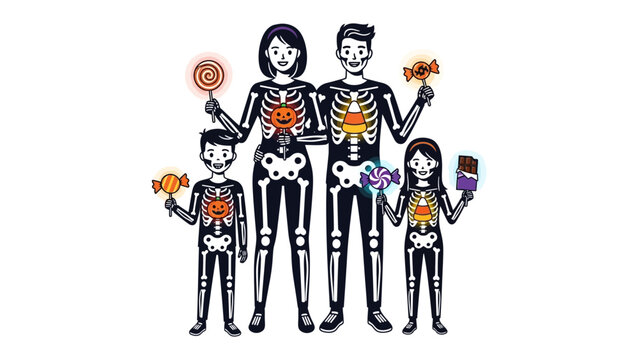 Halloween Family Silhouette: A family in skeleton costumes holds Halloween candy. Ideal for spooky and family related design.