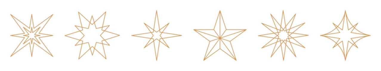 Christmas star icon set, gold star line geometric decoration