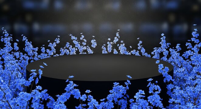 Abstract blue crystal formations surrounding a dark circular stage
