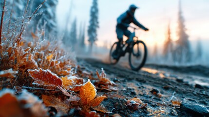 A cyclist navigates a path surrounded by frost-covered leaves, capturing a blend of adventure and tranquility against a stunning autumn backdrop at dawn.