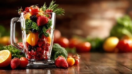 This visually appealing image showcases a glass blender filled with a colorful selection of fresh fruits and greens, highlighting a healthy lifestyle and the art of smoothie making.