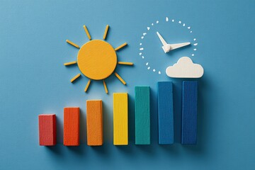 Colorful ascending bar graph with wooden sun, clock, and cloud against a vibrant blue background