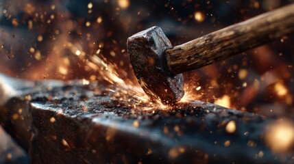 A dynamic image of a blacksmith striking an anvil with a hammer, producing vibrant sparks that illuminate the forge, showcasing the art and craft of blacksmithing.