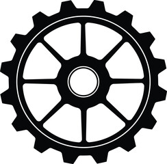 Obraz premium Black silhouette of a gear with eight spokes and a central hole, isolated on white background