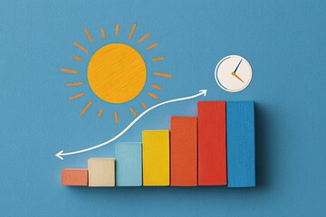 Colorful wooden blocks form graph with sun, clock, and upward trend