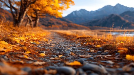 A serene autumn pathway lined with vibrant orange leaves, leading through a tranquil landscape of mountains and nature's beauty, inviting peace and reflection on its journey.