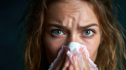 A young woman expressing a concerned emotion while holding tissue, capturing a moment of vulnerability, illustrating human feelings of sadness or distress in an intimate setting.
