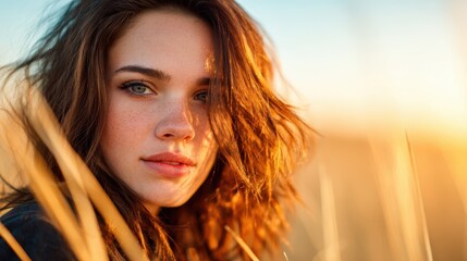 A beautiful young woman gazes thoughtfully into the camera amidst a backdrop of golden sunlight and tall, alluring grasses, capturing a moment of reflection and connection.