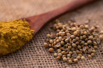 Wooden spoon filled with vibrant yellow curry powder next to a pile of dried coriander seeds on a burlap surface