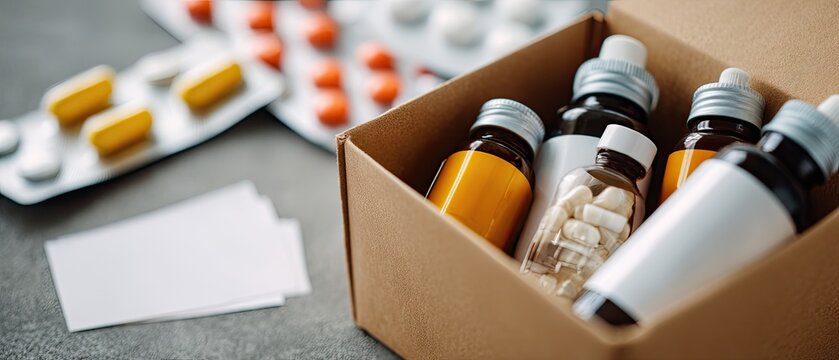 Collection of medicine bottles and pills in a cardboard box arranged on a table with blank cards in a home setting