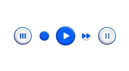 Set of five media control buttons pause, previous, play, next, and pause, all on a black background