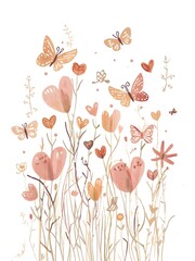 Fototapeta premium Naive drawing of flowers and hearts mixed together like a child’s doodle with loose lines and joyful playful energy on white background