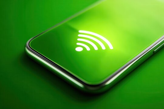 Glowing wifi symbol on a sleek green phone screen.
