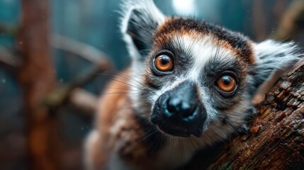 Obraz premium A striking close-up of a lemur with captivating eyes perched on a tree branch, showcasing the beauty and curiosity of wildlife in a natural setting.