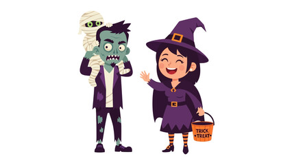 Halloween Delight: A playful scene of a zombie holding a mummy on his shoulder, a girl in a witch costume with her bucket of trick and treat is waving. A whimsical celebration for Halloween. 